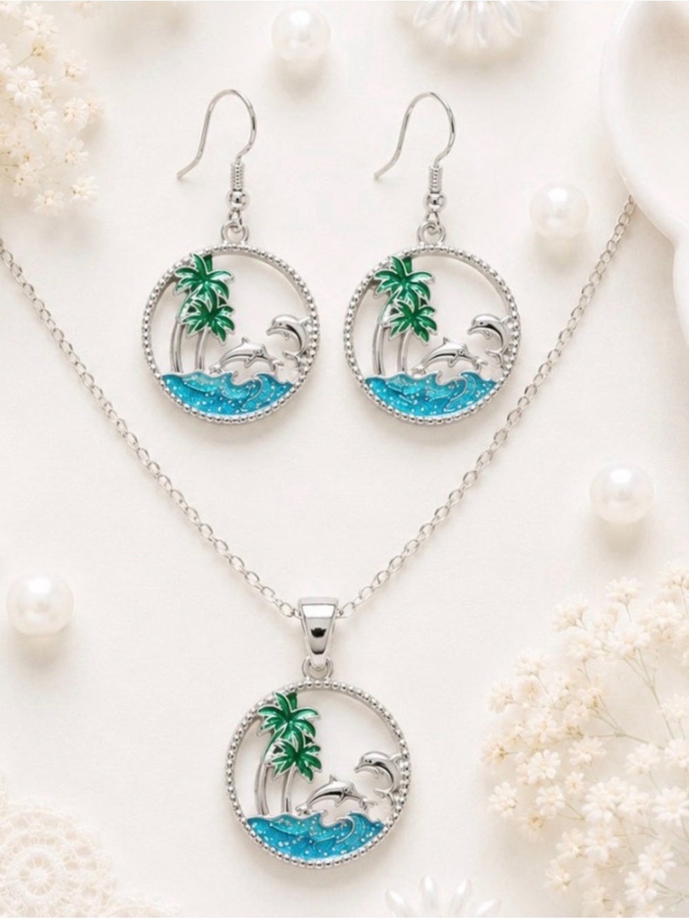 Silver Palm Tree & Dolphin Blue Enamel Necklace and Earring Set